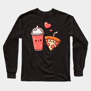 Kawaii Pepperoni Pizza and Milkshake Couple | Cute Kawaii Food Art for Couples Long Sleeve T-Shirt